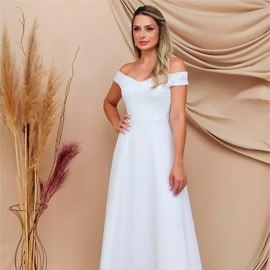 Vestido de noiva simples com decote ombro a ombro em renda poliamida com elastano