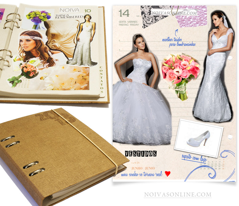 Foto de agenda estilo fichário com recortes de revista colados, mostrando inspirações de vestidos de noiva, sapato, buquê e recortes de tecidos finos.