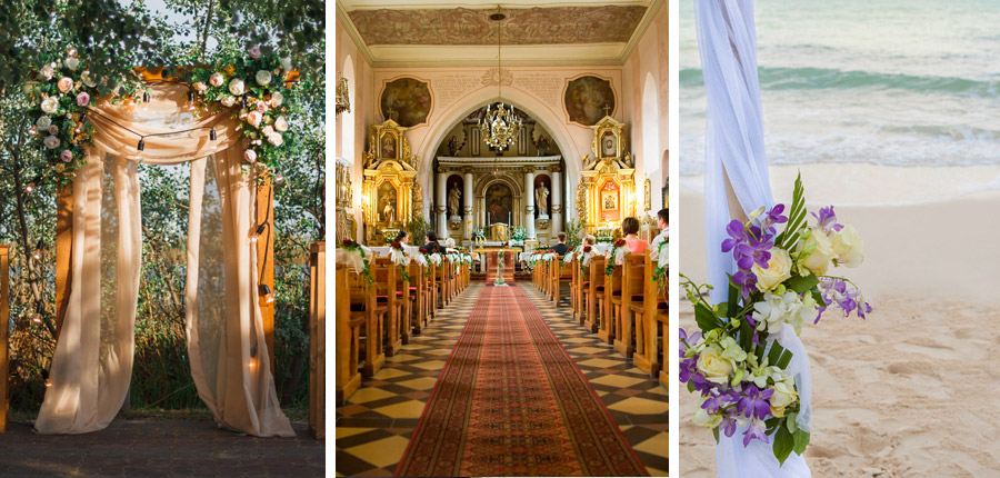 Casamento romântico: altar ao ar livre, capela, praia