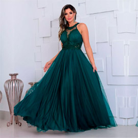 Vestido de festa verde escuro com decote estilo cava americana