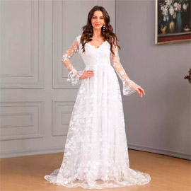 Vestido de noiva em renda com manga comprida e decote em V
