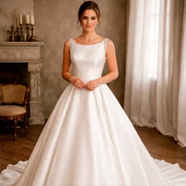 Vestido de noiva princesa clean minimalista em zibeline com saia ampla e cauda