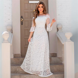 Vestido de noiva em guipir com tule poá nas mangas