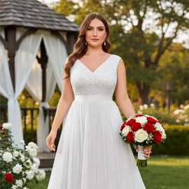 Vestido de noiva sem mangas com decote V e busto em renda