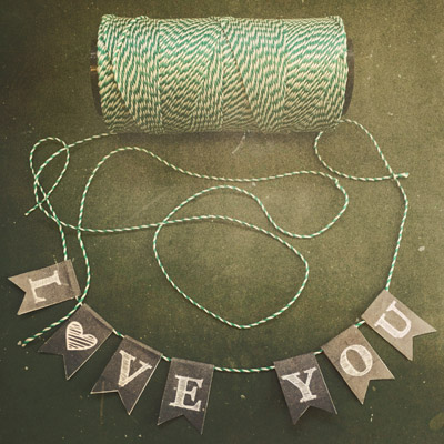 Bandeirinhas decorativas lousa ou chalkboard com os dizeres "Love You" presas em um barbante listrado de verde e branco.
