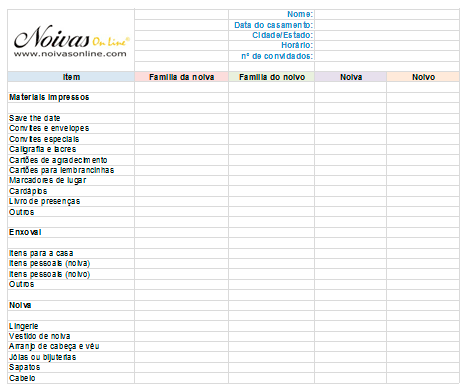 Planilha de divisão de despesas do casamento