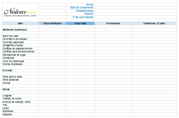 Planilha de orçamento detalhado do casamento